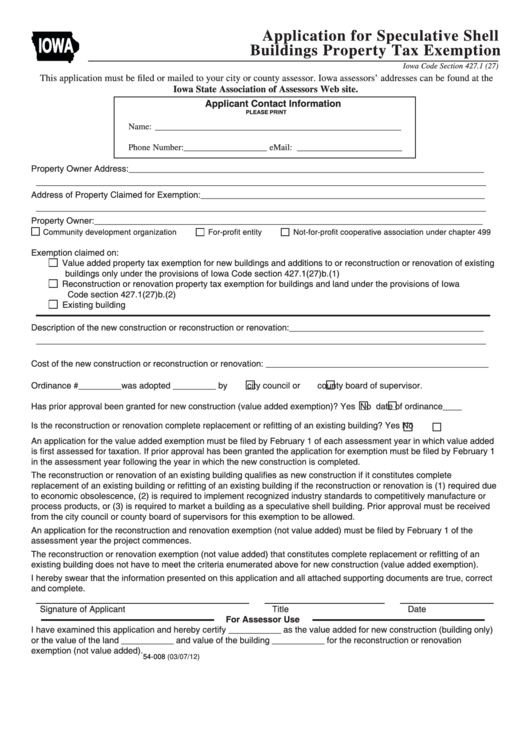 Form 54-008 - Application For Speculative Shell Buildings Property Tax Exemption Printable pdf