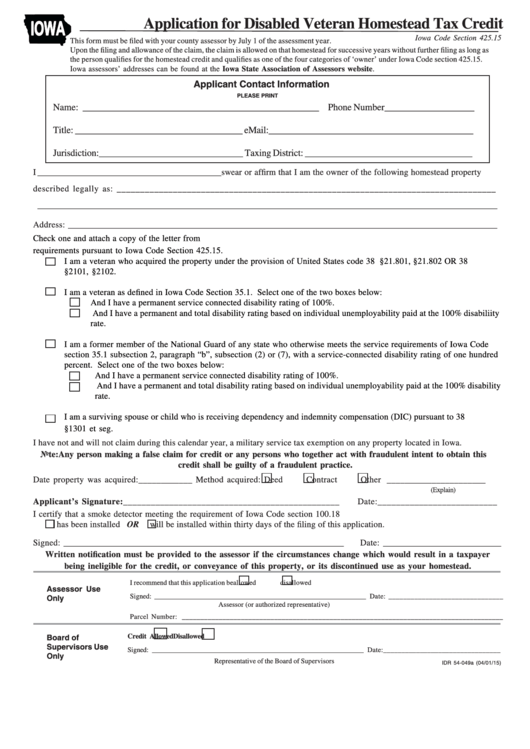 Fillable Form Idr 54-049a - Application For Disabled Veteran Homestead Tax Credit Printable pdf
