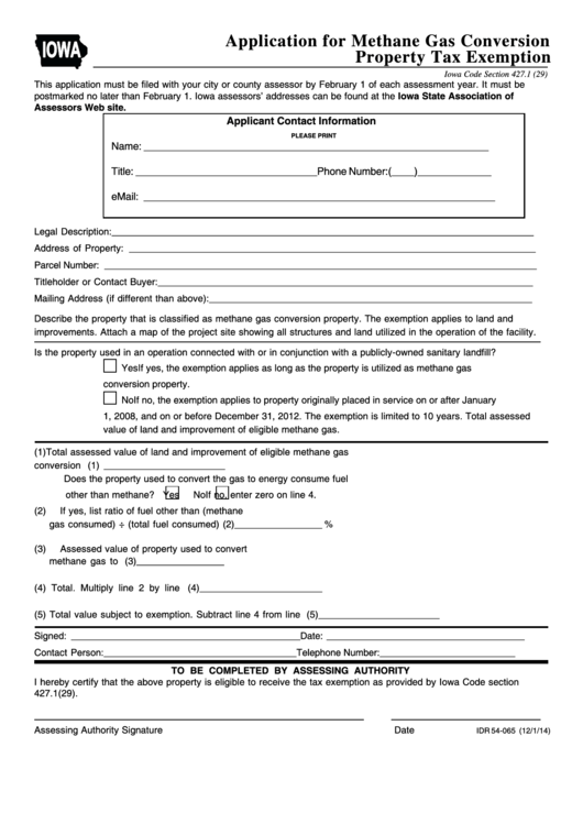 Form Idr 54-065 - Application For Methane Gas Conversion Property Tax Exemption