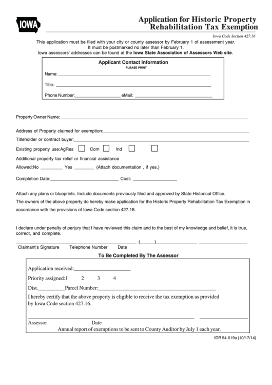 Form Idr 54-019a - Application For Historic Property Rehabilitation Tax Exemption Printable pdf