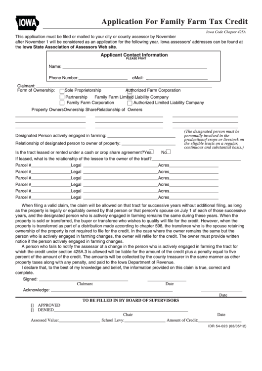 Form Idr 54-023 - Application For Family Farm Tax Credit Printable pdf