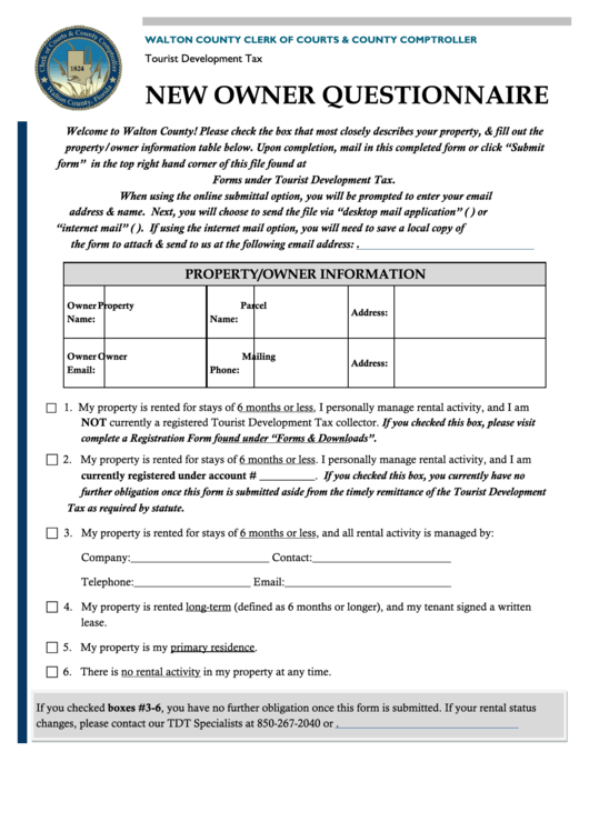 Fillable New Owner Questionnaire Form - Walton County Clerk Of Courts Printable pdf