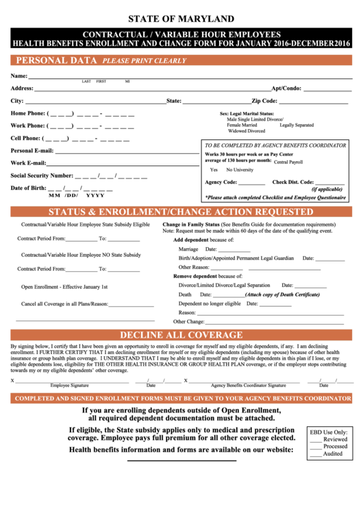 Fillable Form Cef15 - Contractual / Variable Hour Employees Health Benefits Enrollment And Change Form For January - December 2016 Printable pdf