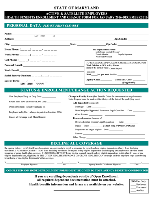 Fillable Form Asef15 - Active & Satellite Employeeshealth Benefits Enrollment And Change Form - 2016 Printable pdf