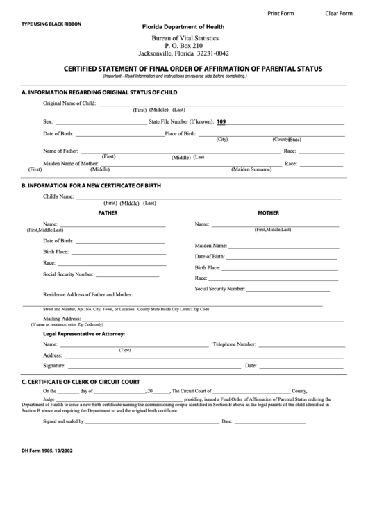 Fillable Dh Form 1905 - Certified Statement Of Final Order Of Affirmation Of Parental Status Printable pdf