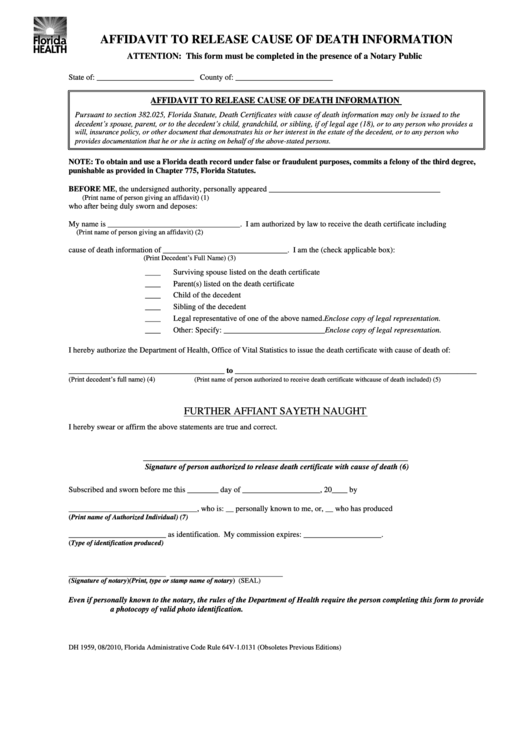 Fillable Form Dh 1959 - Affidavit To Release Cause Of Death Information Printable pdf