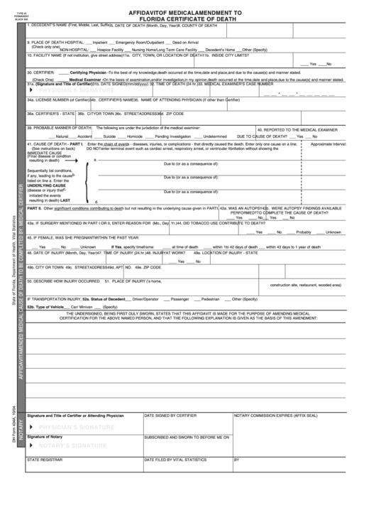 Fillable Dh Form 434a - Affidavit Of Medical Amendment To Florida Certificate Of Death Printable pdf