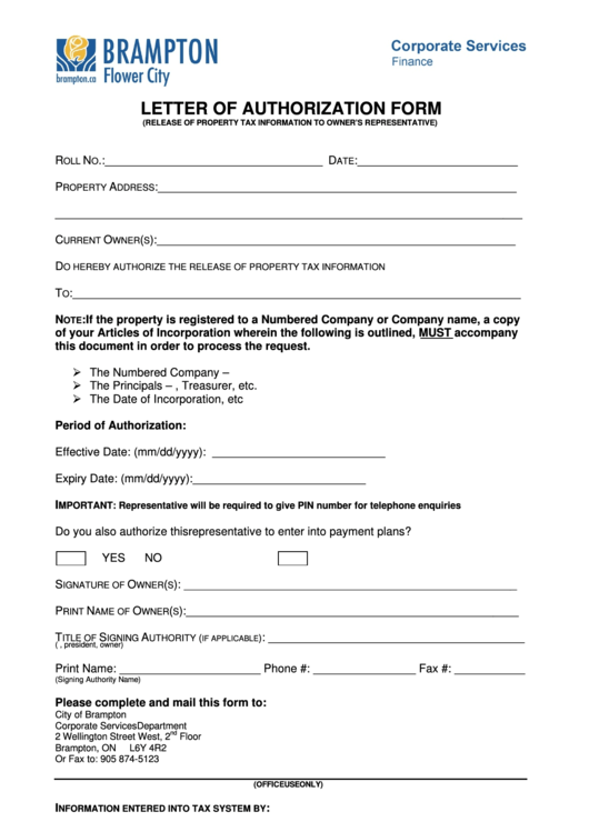 Letter Of Authorization Form - City Of Brampton Corporate Services Department Printable pdf