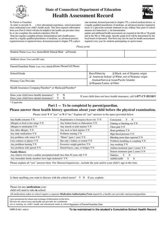 Form Har-3 - Health Assessment Record - State Of Connecticut Department Of Education Printable pdf