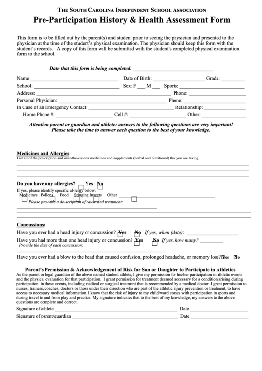 Pre-Participation History & Health Assessment Form Printable pdf