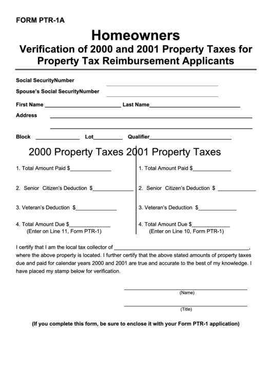Fillable Form Ptr-1a - Verification Of 2000 And 2001 Property Taxes For Property Tax Reimbursement Applicants Printable pdf