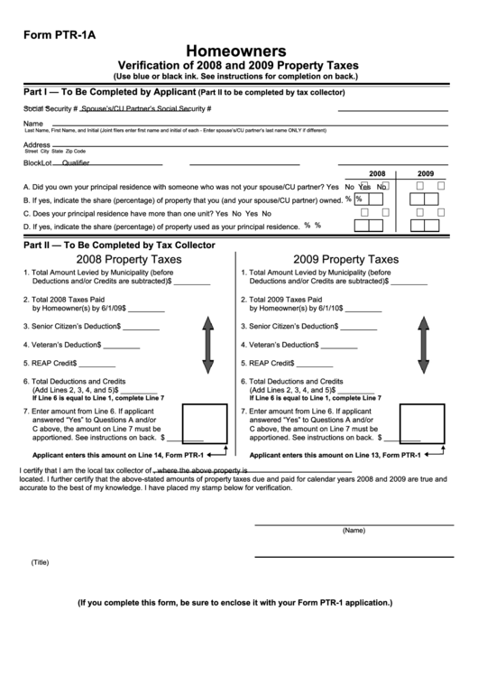 Form Ptr-1a - Homeowners Verification Of 2008 And 2009 Property Taxes Printable pdf