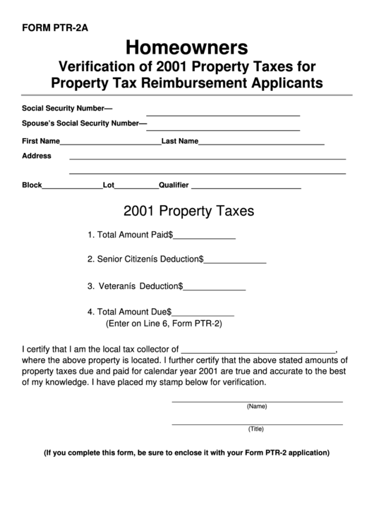 Form Ptr-2a -Verification Of 2001 Property Taxes For Property Tax Reimbursement Applicants Printable pdf