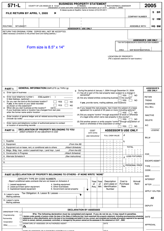 Form 571-L - Business Property Statement - Los Angeles County Assessor - 2005 Printable pdf