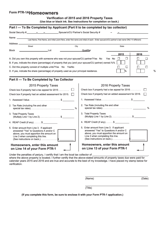 Form Ptr-1a - Homeowners Verification Of 2015 And 2016 Property Taxes Printable pdf