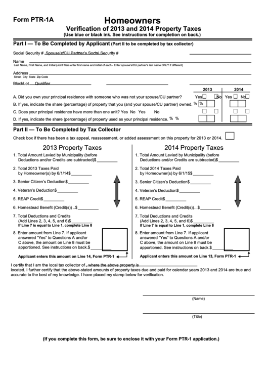 Form Ptr-1a - Homeowners Verification Of 2013 And 2014 Property Taxes Printable pdf