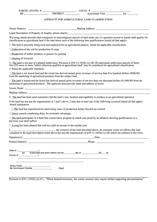 Affidavit For Agricultural Land Classification Form Printable pdf