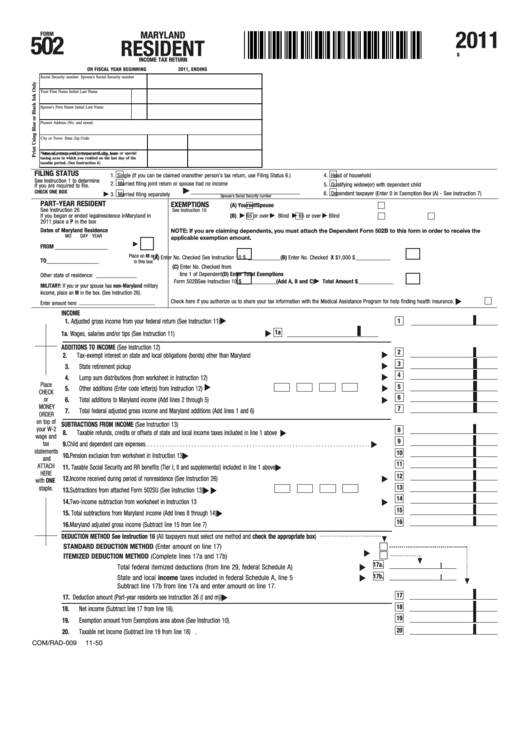 Fillable Form 502 - Maryland Resident Income Tax Return - 2011 Printable pdf
