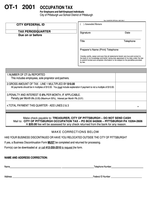 Form Ot-1 - Occupation Tax For Employers And Self-Employed Individuals 2001 Printable pdf