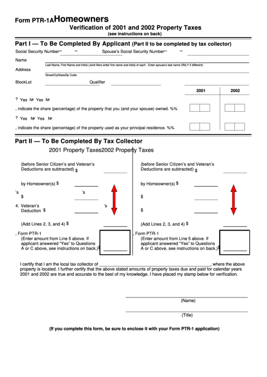 Form Ptr-1a - Homeowners Verification Of 2001 And 2002 Property Taxes Printable pdf