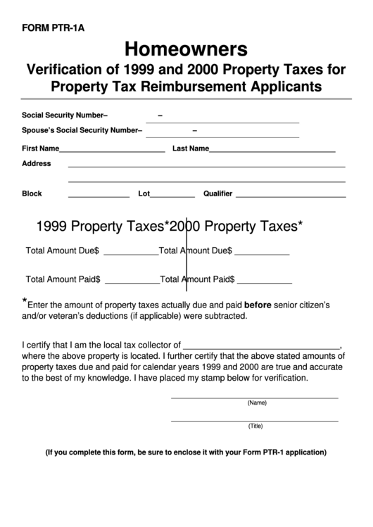 Fillable Form Ptr-1a - Homeowners Verification Of 1999 And 2000 Property Taxes For Property Tax Reimbursement Applicants Printable pdf