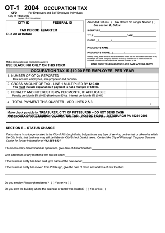 Form Ot-1 - Occupation Tax For Employers And Self-Employed Individuals 2004 Printable pdf