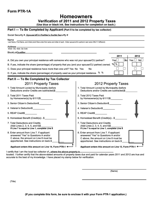 Form Ptr-1a - Homeowners Verification Of 2011 And 2012 Property Taxes Printable pdf