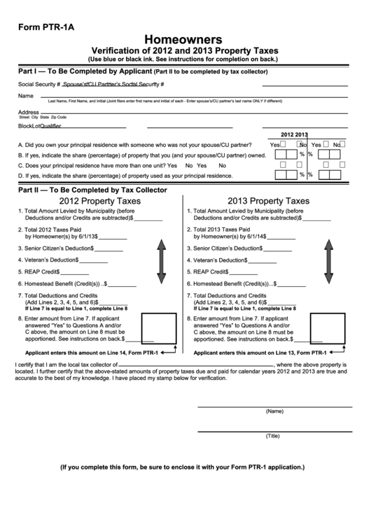Form Ptr-1a - Homeowners Verification Of 2012 And 2013 Property Taxes Printable pdf