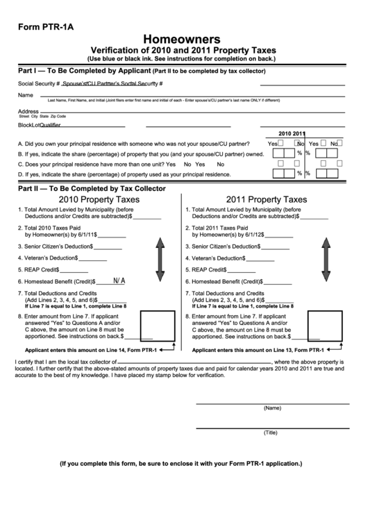Fillable Form Ptr-1a - Homeowners Verification Of 2010 And 2011 Property Taxes Printable pdf