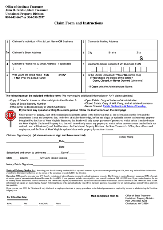 Claim Form And Instructions - Office Of The State Treasurer John D. Perdue, State Treasurer Printable pdf