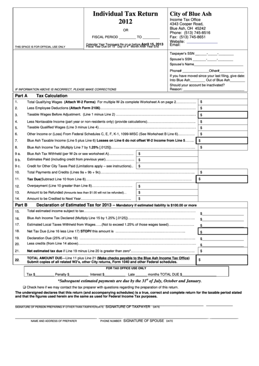 Individual Tax Return Form - City Of Blue Ash - 2012 Printable pdf