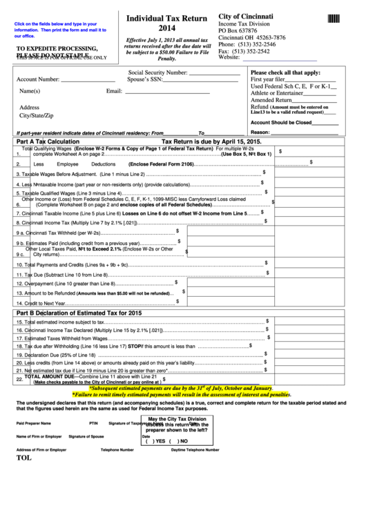 Fillable Individual Tax Return 2014 Form - City Of Cincinnati- Income Tax Division Printable pdf