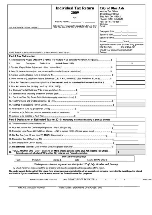 Individual Tax Return - City Of Blue Ash - 2009 printable pdf download