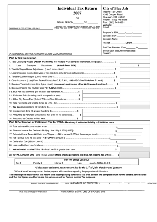 Individual Tax Return - City Of Blue Ash - 2007 Printable pdf
