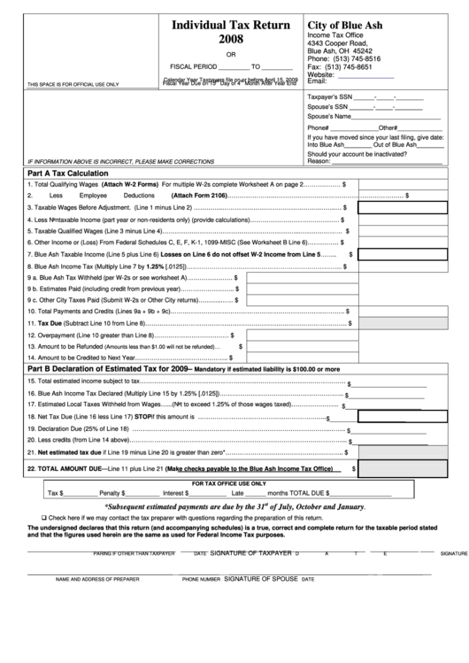 Individual Tax Return - City Of Blue Ash - 2008 printable pdf download