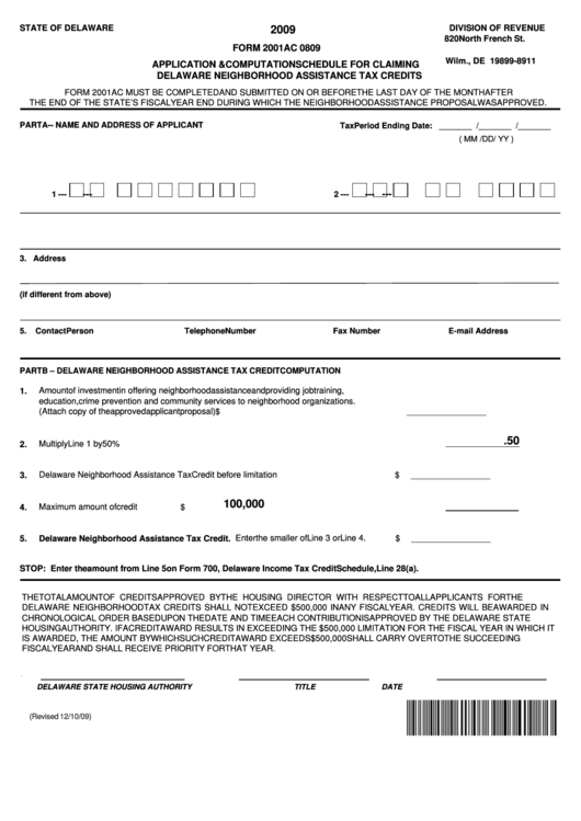 Fillable Form 2001ac 0809 - Application & Computation Schedule For Claiming Delaware Neighborhood Assistance Tax Credits - 2009 Printable pdf