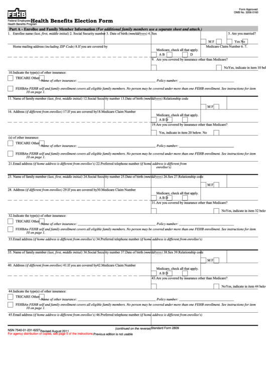 Fillable Form 2809 - Health Benefits Election Form Printable pdf