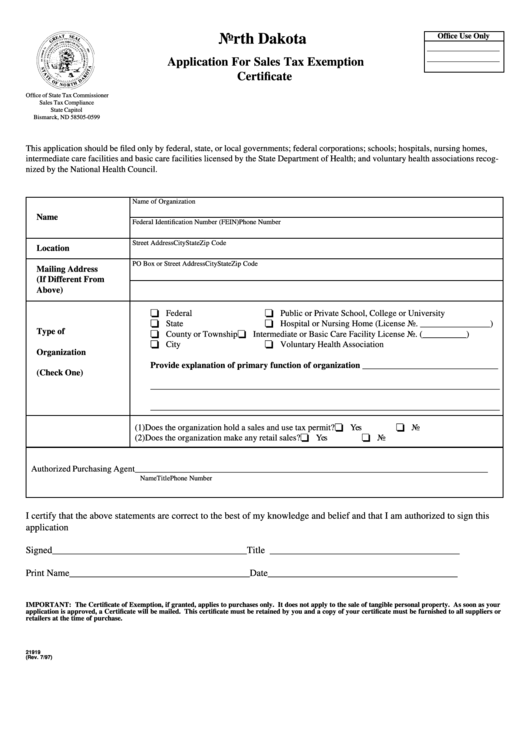 Form 21919 - Application For Sales Tax Exemption Certificate Printable pdf