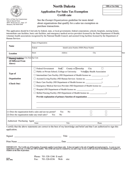 Fillable Form 21919 - Application For Sales Tax Exemption Certificate Printable pdf