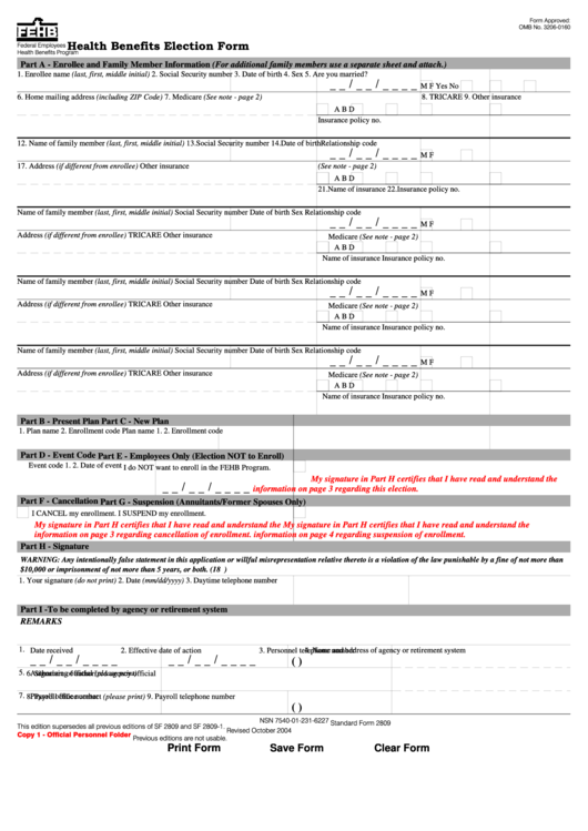 Fillable Standard Form 2809 - Health Benefits Election Form Printable pdf