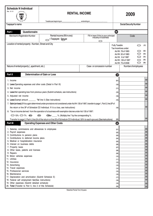 Schedule N Individual - Rental Income Form - 2009 Printable pdf
