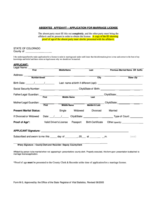 Fillable Form M-3 - Absentee Affidavit-Application For Marriage License - State Of Colorado - 2005 Printable pdf
