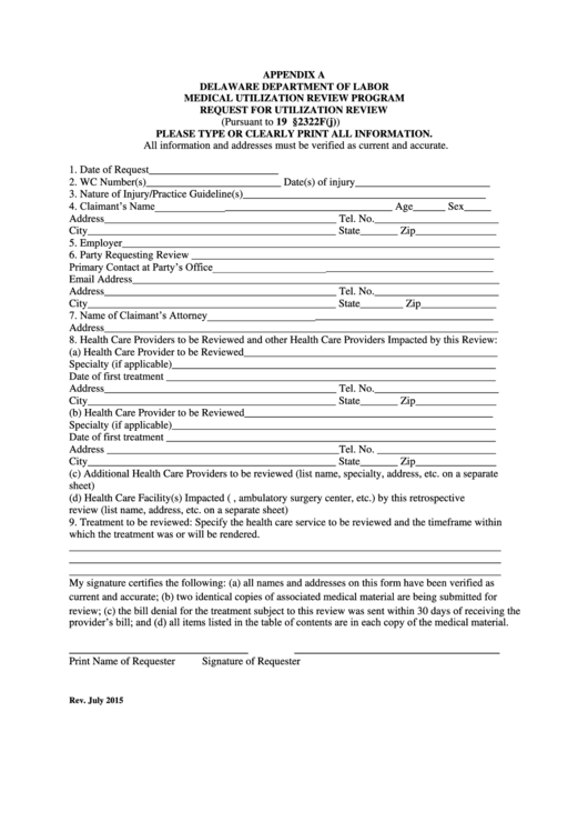 Request For Utilization Review Form - Delaware Department Of Labor
