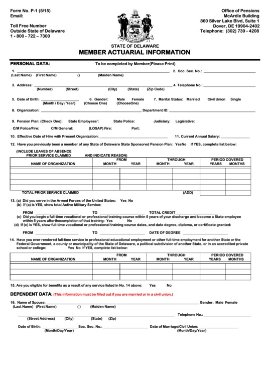 Fillable Member Actuarial Information Form - State Of Delaware Printable pdf