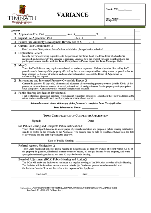 Variance Form - Timhath, Colorado Printable pdf