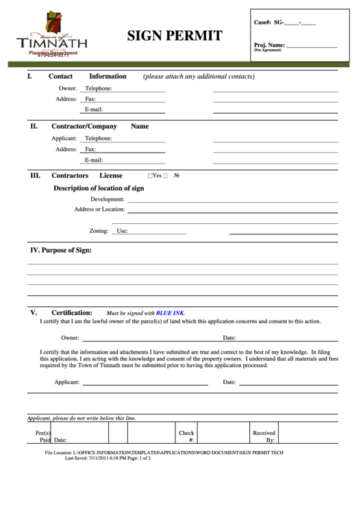 Sign Permit Form - Timnath, Colorado Printable pdf