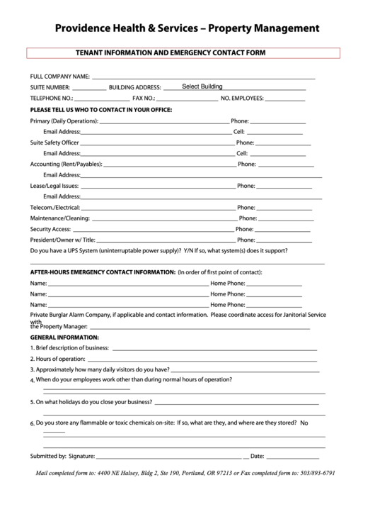 Tenant Information And Emergency Contact Form