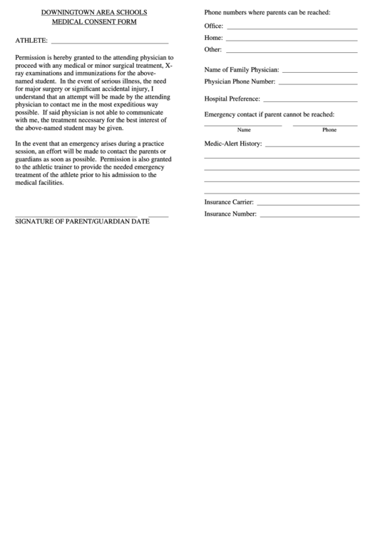 Medical Consent Form - Downingtown Area Schools Printable pdf