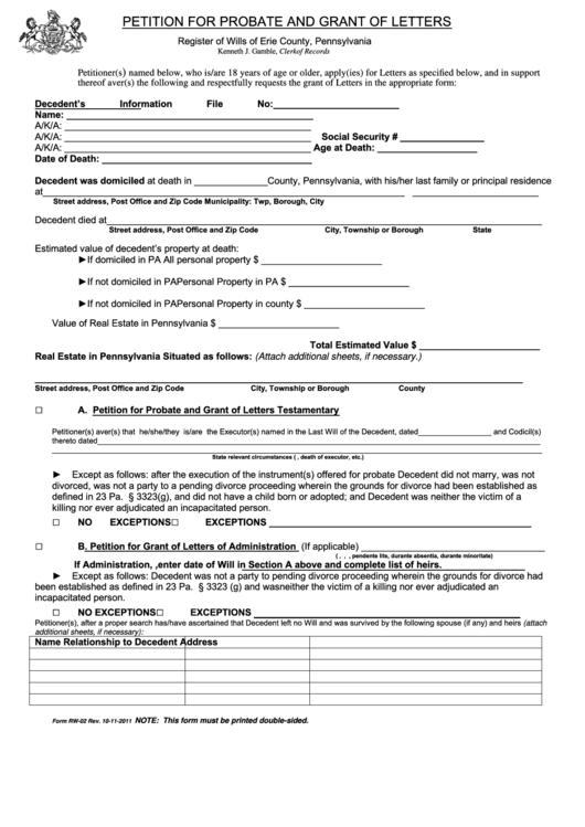 Form Rw-02 - Petition For Probate And Grant Of Letters - Register Of Wills Of Erie County, Pennsylvania Printable pdf