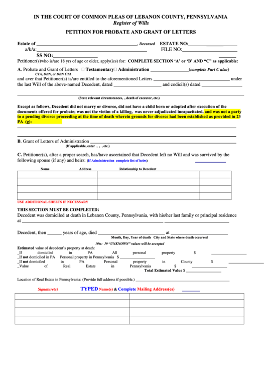 Petition For Probate And Grant Of Letters Form - Court Of Common Pleas - Lebanon County, Pennsylvania Printable pdf